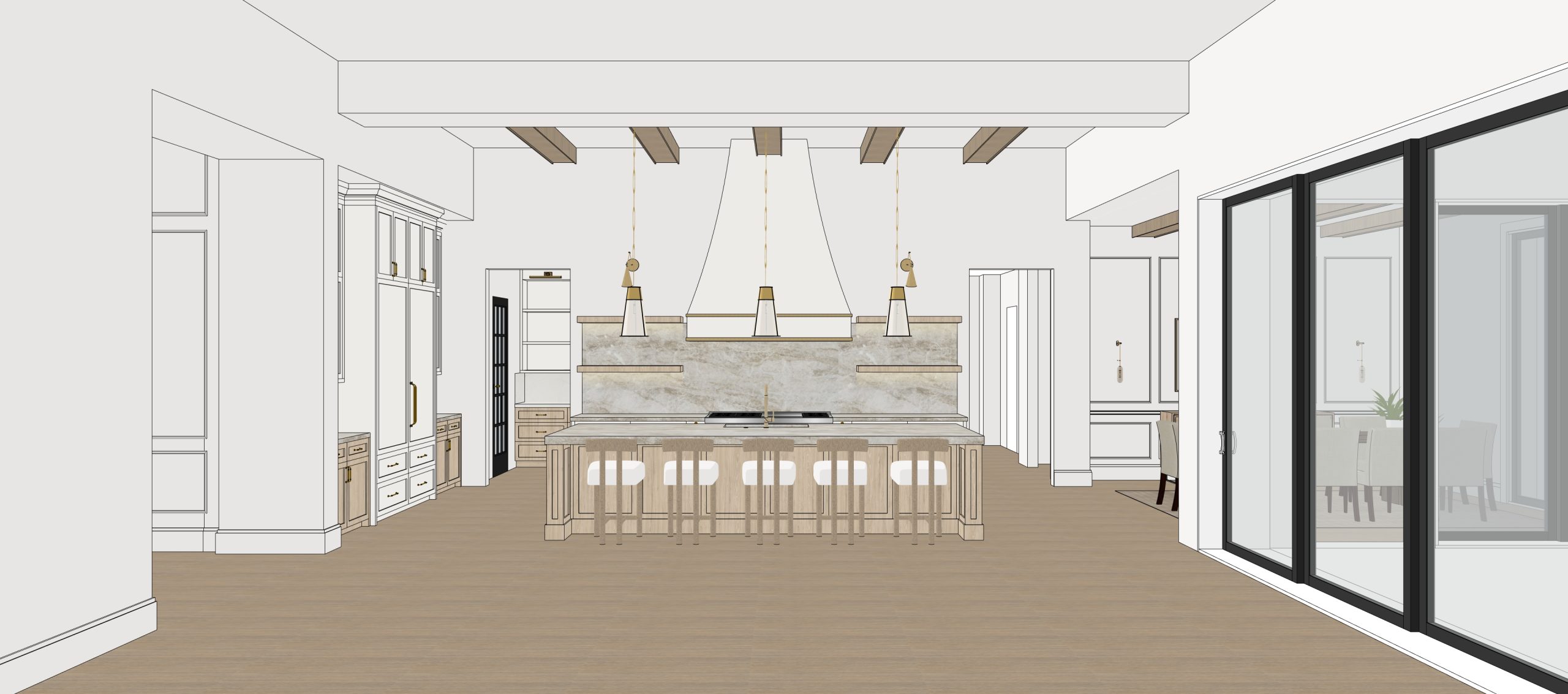 3D Rendering Of A Transitional Style Kitchen.